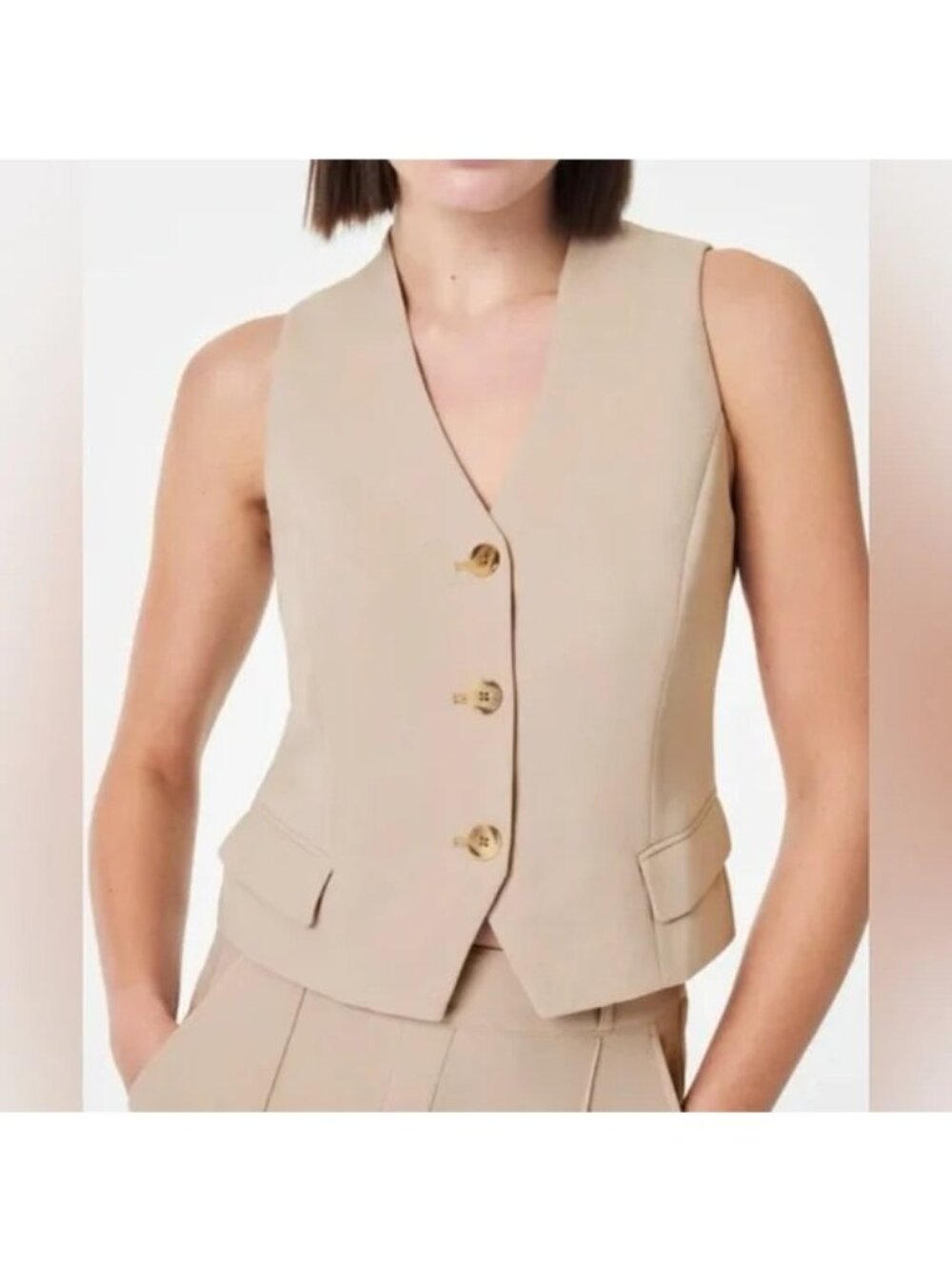 SPANX CARE FREE Tahini Button-Front Vest Size L Stylish Business Casual Look